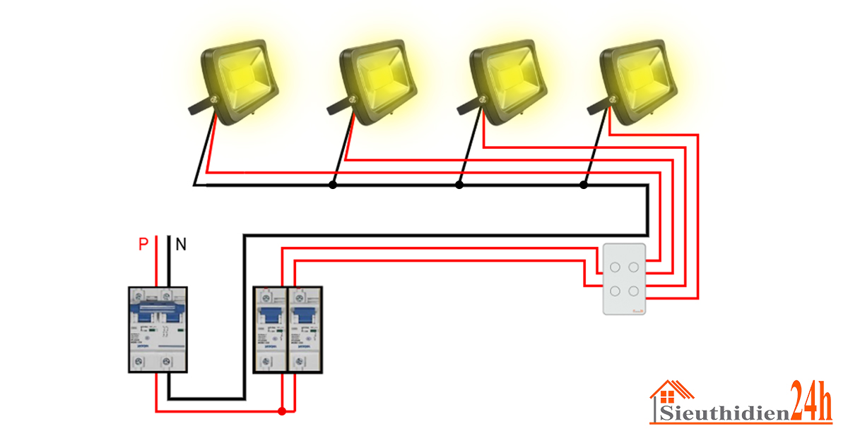 Sơ đồ đấu nối dây nhiều đèn pha led