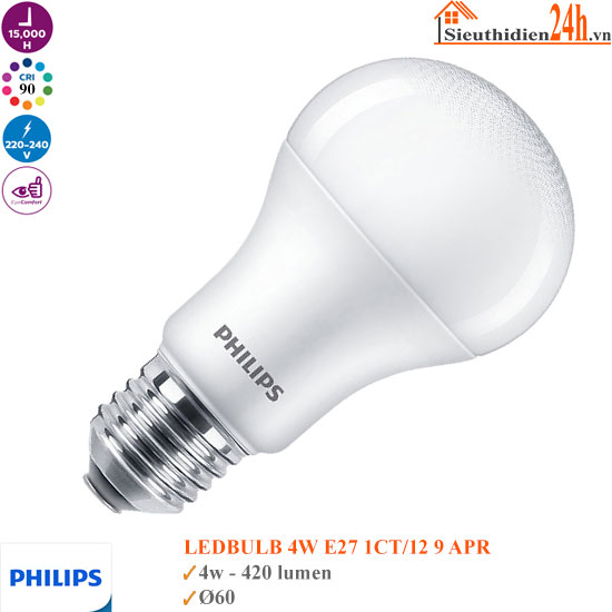 Bóng Đèn Philips Led Bulb 4w E27 1CT/12 9APR