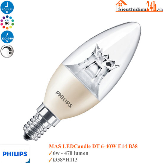 Bóng Đèn Philips Mas LedCandle 6w B38 E14 Dim