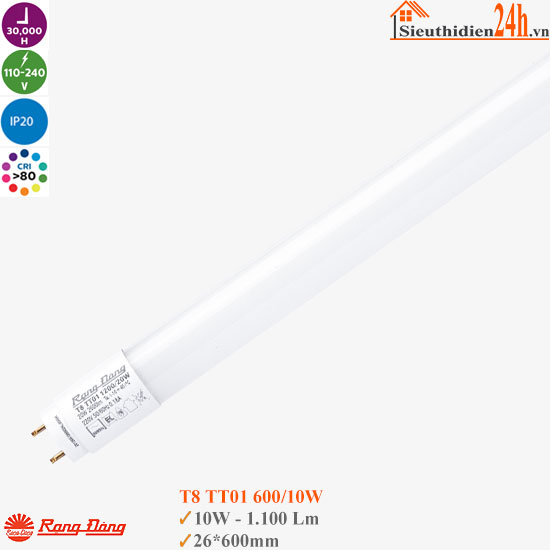 Đèn Led Tuýp Rạng Đông T8 TT01 10W 0m6