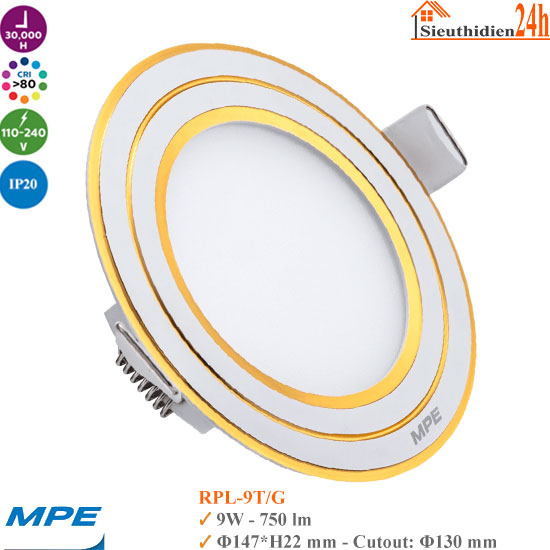 Đèn LED Âm Trần MPE RPL-9W Viền Vàng