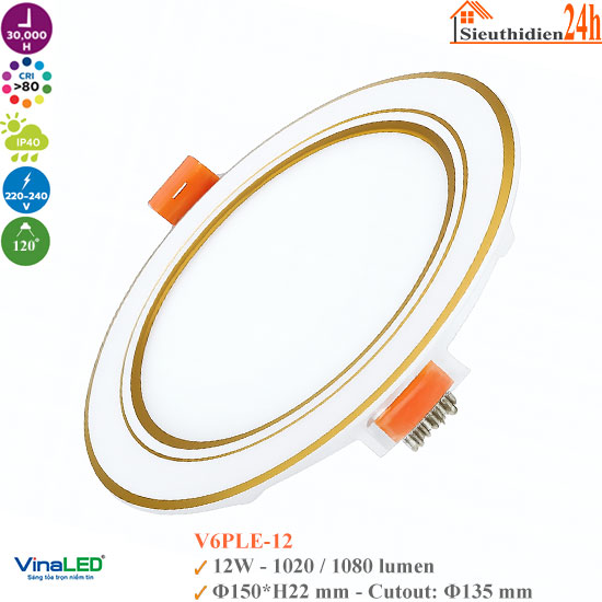 Đèn Led Âm Trần Viền Vàng Vinaled V6PLE-12 12W