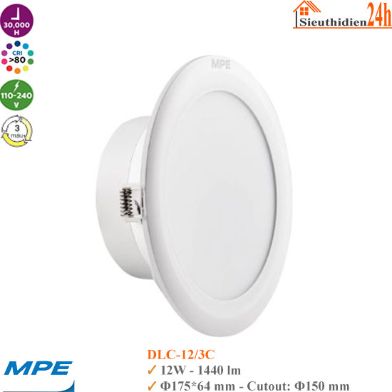 Đèn LED Âm Trần MPE DLC-12/3C 12W